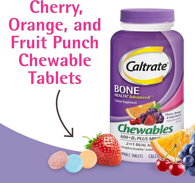 Caltrate Chewables 600 +D3 Plus Minerals Calcium and Vitamin D, Sugar Free, Cherry, Orange and Fruit Punch, 155 count