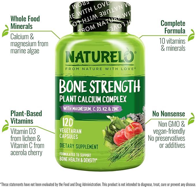 NATURELO Calcium Supplement - with Vitamin C, Vitamin D3, K2, and Calcium Magnesium Zinc for Bone Strength with Calcium 600mg - Plant-Based, 120 Vegetarian Capsules, Non-GMO, Soy & Gluten-Free