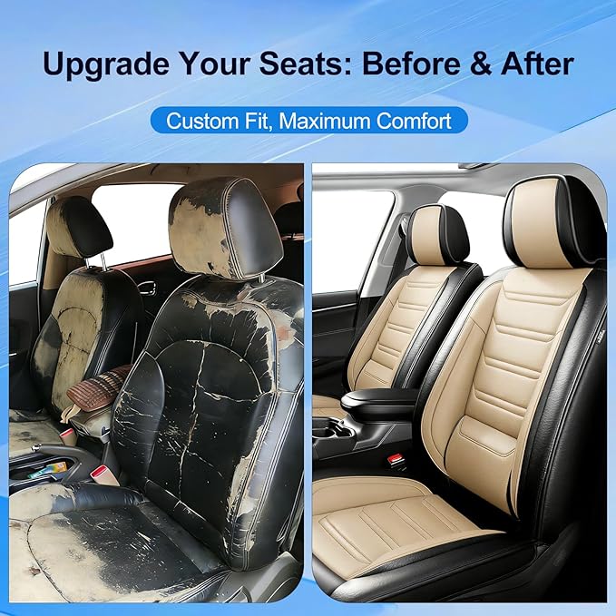 Fit Blazer Car Seat Covers for Select Chevrolet/Chevy Blazer 2019-2026, Premium Full Coverage Leather, Airbag Compatible, Waterproof All Weather Seat Cushion Protector, Full Set, Black+Beige