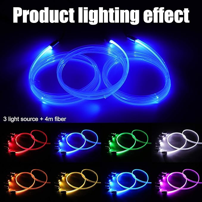 Car Interior Strip Lights, 3 in 1 Multicolor RGB Car Ambient Lighting Kit, 4m Fiber Optic EL Neon Tube Light, DIY Mode Music Sync APP Control DC 12V