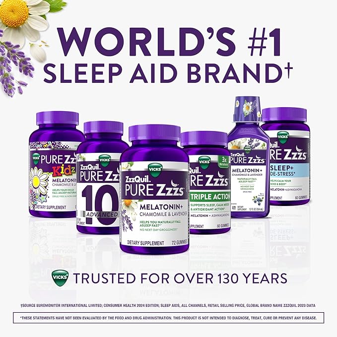 ZzzQuil PURE Zzzs De-Stress Gummy, Melatonin Gummies, Sleep Aid, Melatonin 2mg, Ashwagandha for Stress Support, Melatonin Sleep Gummies, Sleep Aids for Adults, 60 Sleep Gummies