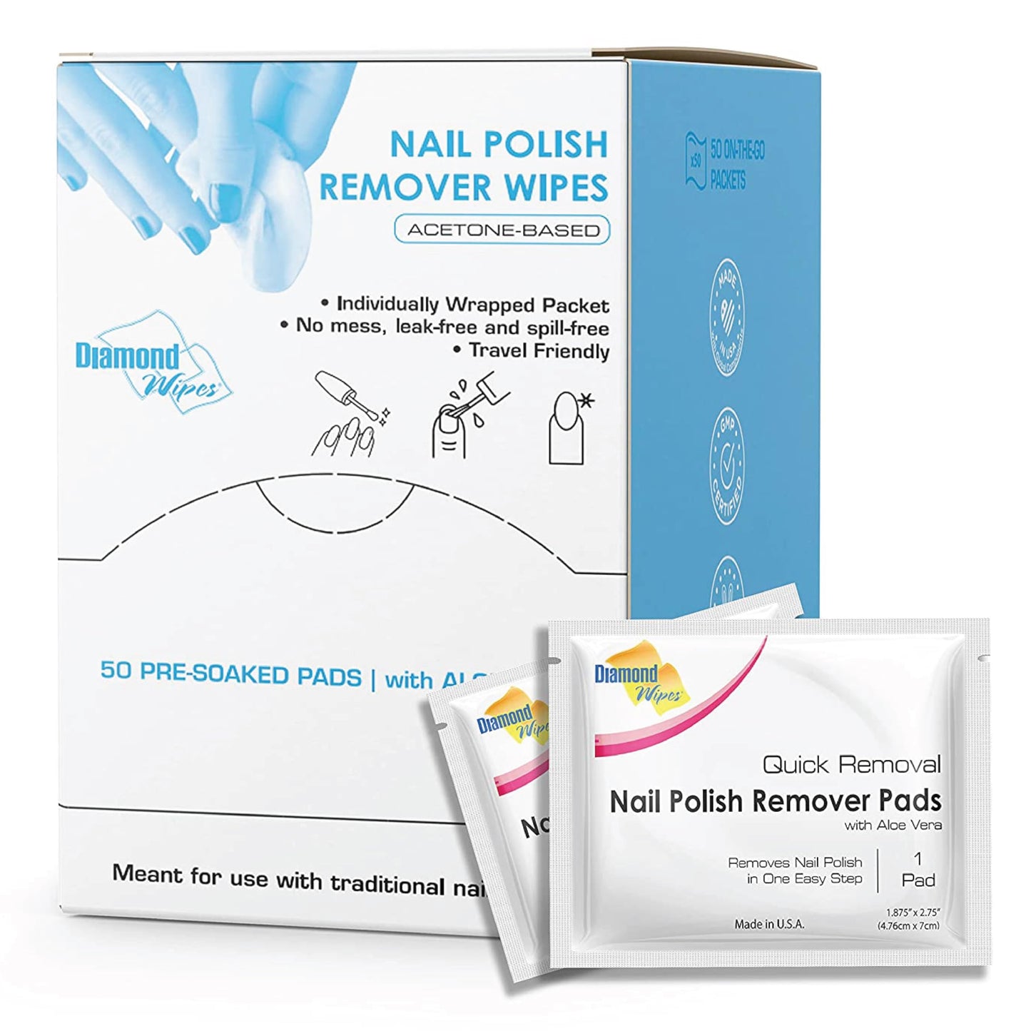 Diamond Wipes Nail Polish Remover Wipes With Aloe Vera, Acetone Nail Polish Remover Pads, 50 Individually Wrapped Nail Polish Wi