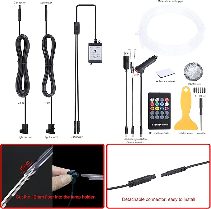 3 m Optic Fiber Car Ambient Lighting Kit RF Remote Control 8 Colors Multicoloured Music Interior Lighting Kit 12V 1W