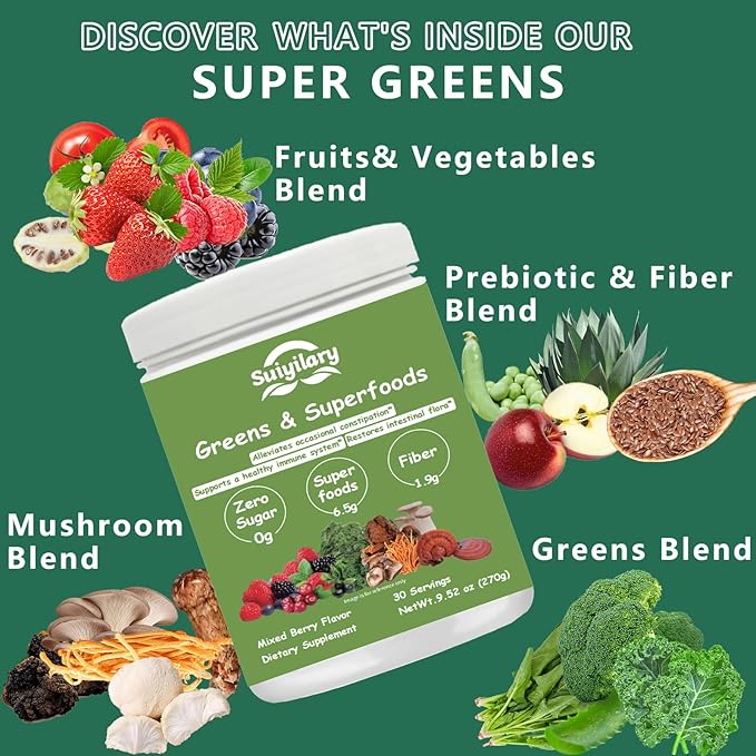 Super Greens Powder, 50+ Superfoods Blend, No Sugar, Fiber, Fruits, Vegetables, Spirulina, Chlorella, Mushrooms, Antioxidants, Prebiotics & Probiotics, Digestive Enzymes (9.52 OZ, Mixd Berry)