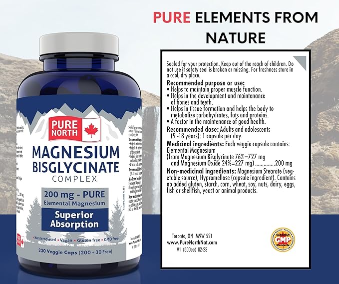 Magnesium Bisglycinate Complex 200mg, (200+30) V-Caps - Helps in The Development and Maintenance of Bones and Teeth - Helps The Body to Metabolize Carbohydrates, Proteins & Fats
