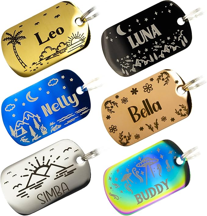Personalized Dog Tag with 5 Lines of Custom Deep Engraved Durable Stainless Steel Pet ID Name Tag Designer Regular Size Rectangle