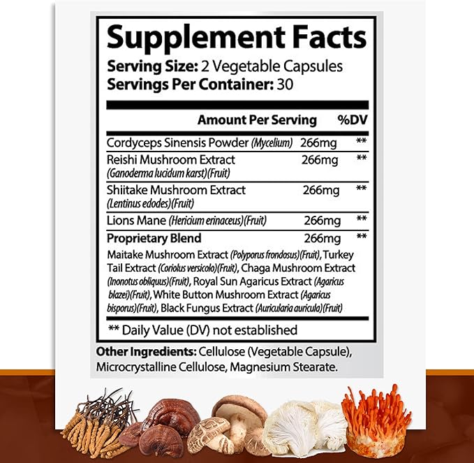 Complete Mushroom Supplement -10 in 1 Complex with Lions Mane, Cordyceps, Shiitake, Chaga, Turkey Tail for Immune Support, Memory, Focus & Natural Energy Booster - 60 Capsules (1 Bottle)