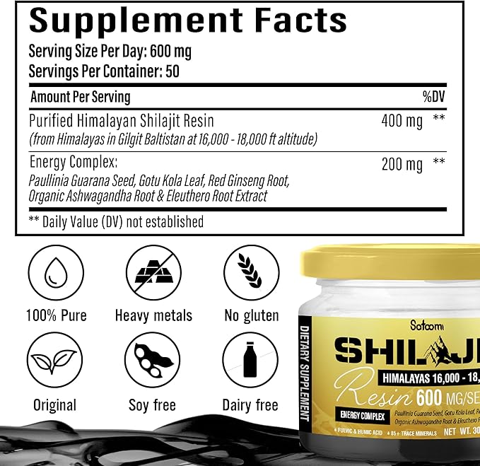 Satoomi Shilajit Himalayan Organic Resin - 30g Shilajit Supplement with 85+ Trace Minerals, Paullinia Guarana, Gotu Kola & More - Energy Production, Immune System, Comfortable Mood - 50-Day Supply