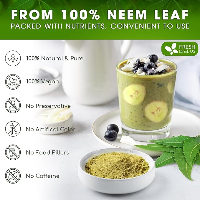 FreshDrinkUS, Premium 10oz Neem Leaf Powder, 100% Natural and Pure from Neem Leaves Dried, for Hair and Skin, No Additives, No Gluten, No Sugar, Vegan