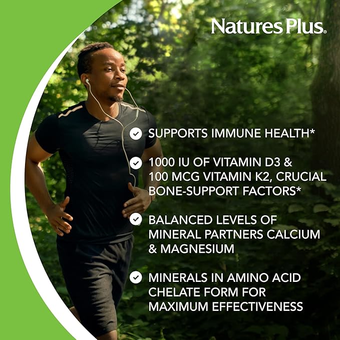NaturesPlus Calcium/Magnesium/Vitamin D3 with Vitamin K2 - Supports Bone & Immune Health - Vegetarian, Gluten Free - 90 Tablets - 22.5 Servings