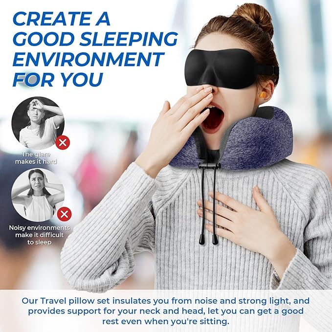Travel Pillow, Travel Pillows for Sleeping Airplane, Neck Pillow Airplane, Memory Foam Neck Pillow Set with Eye Mask, Earplugs and Storage Bag -Mottled Blue