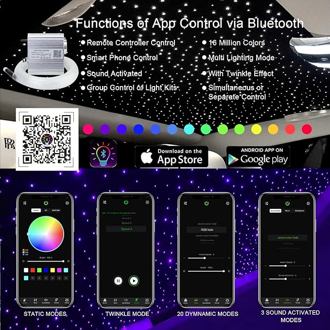AKEPO Fiber Optic Lights kit Twinkle+ APP Control + Music Effect for Star Ceiling Sky Light Car Home Use, RGBW Light Engine+Optical Fiber Cable 375pcs of 9.8ft/3m(0.03+0.04+0.06in)+28key Remote