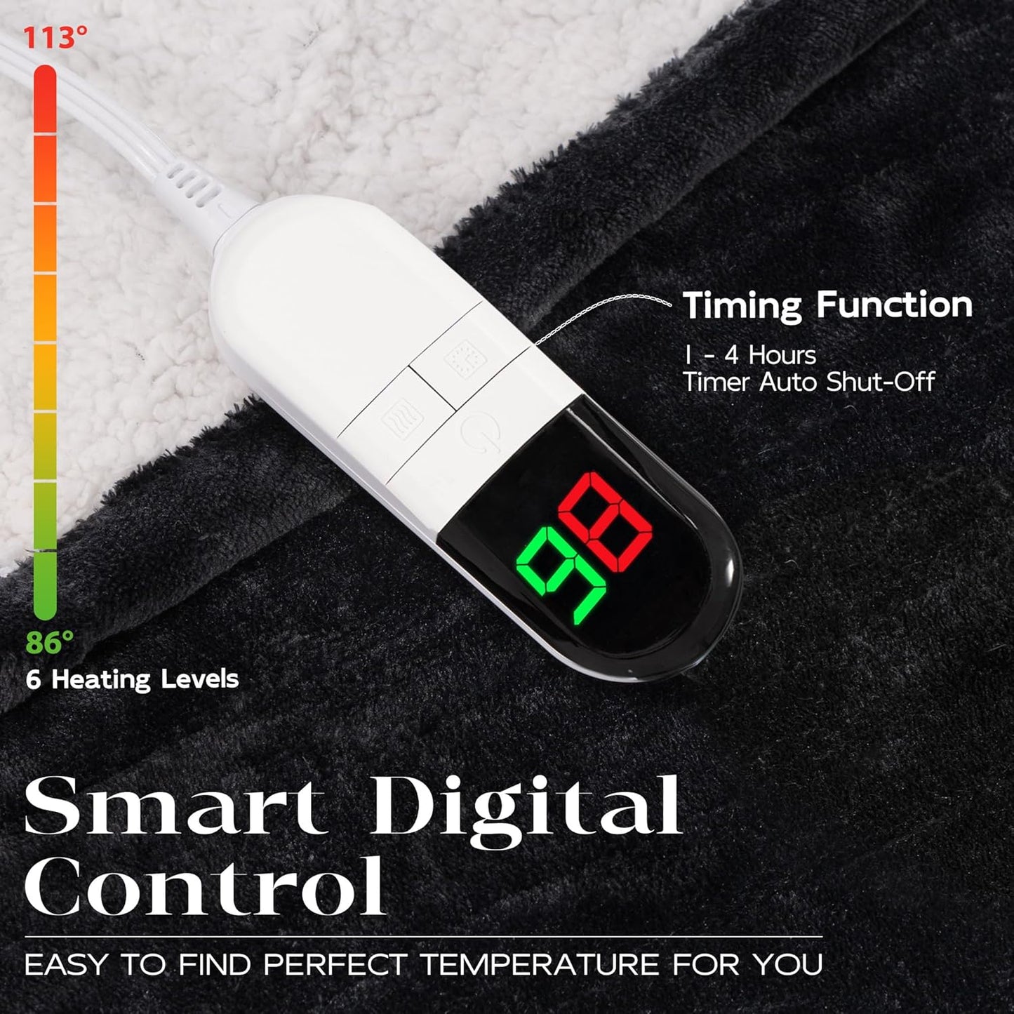 Heated Throw Blanket 50"×60" - Premium Cosy Soft Electric Blanket with 6 Heating Levels,Fast Heating Flannel Sherpa Blanket for Bed & Couch - Auto Shut Off/Machine Washable (Black)