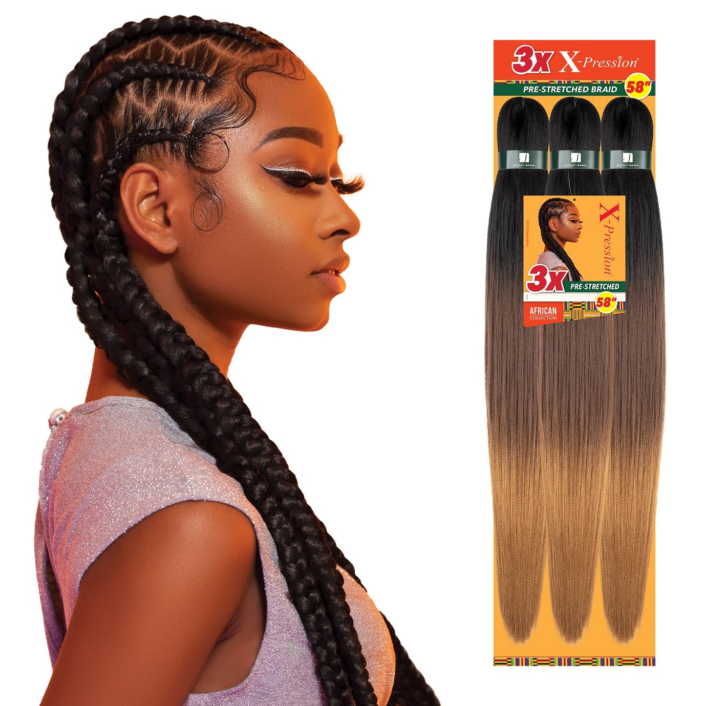 Sensationnel Xpression Prestretched Braiding Hair - Kanekalon Flame Retardant Smooth Yaki Braid Hair Extension 3X 58 Inch (1 Pac