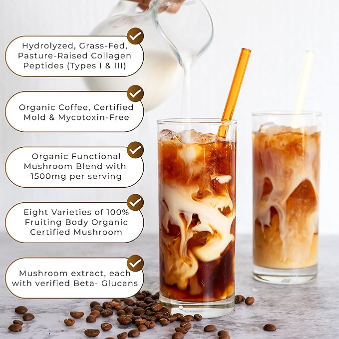 Organic Mushroom Coffee Certified Mold & Mycotoxin-Free GrassFed Collagen Types I & III 8 Fruiting Body Mushrooms Tested for Beta-Glucans Focus Energy Digestion & Immunity 30 Servings