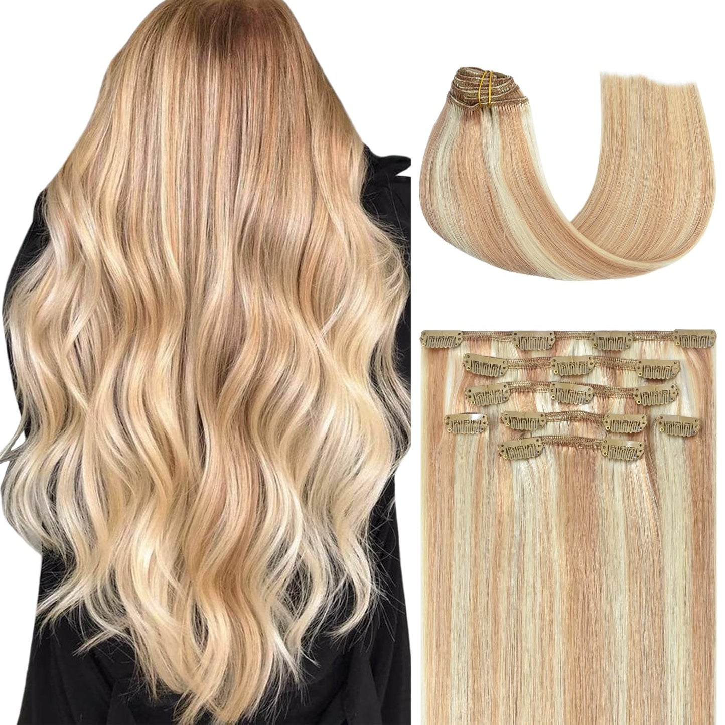 Honsoo Hair Extensions 100% Remy Human Hair Extensions Clip In 70G 20Inch Strawberry Blonde To Bleach Blonde Hair Extensions Rea