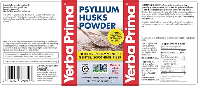 Yerba Prima Psyllium Husks Powder - 12 oz (Pack of 4) - Natural Fiber Supplement - Colon Cleanse - Gut Health - Vegan, Non-GMO, Gluten-Free (New Label - Packaging May Vary)