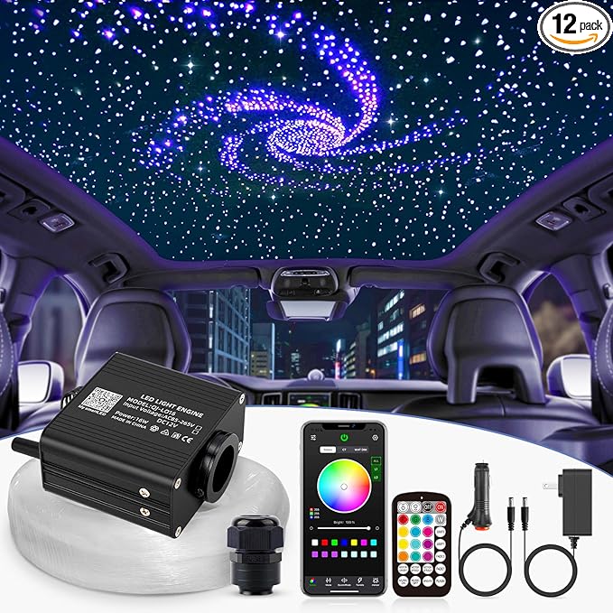 16W Twinkle Starlight Headliner Kit, 550pcs*0.03in*9.8ft Fiber Optic Strands Bluetooth APP/Remote/Music Control, RGBW Car Star Ceiling Light Kit+Adapter+Plug for Car/Home/Theater