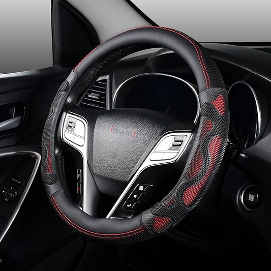 Iwantit® Steering Wheel Cover with 3D Honeycomb Anti-Slip Design and Breathable Fabrics, Universal 14.5-15 Inch (Red/Black)