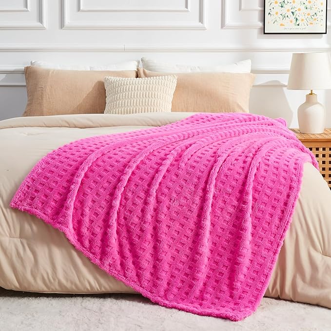 NEWCOSPLAY Super Soft Throw Blanket Pink Premium Silky Flannel Fleece 3D Waffle Checkered Lightweight Bed Blanket All Season Use (Hot Pink, Throw(50"x70"))