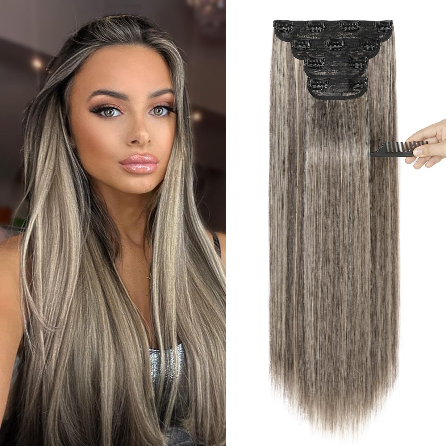 Reecho 28'' Straight Long 4 Pcs Set Thick Clip In On Hair Extensions - Ash Brown With Platinum Blonde Highlights