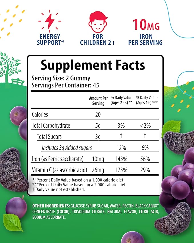 SUNNY SAM Iron Gummies for Kids & Teens - 10mg Iron Vitamins with Vitamin C - Low-Sugar Chewable Gummy Supplement for Immune Support, Supports Red Blood Cell Production for Children & Teen Girls