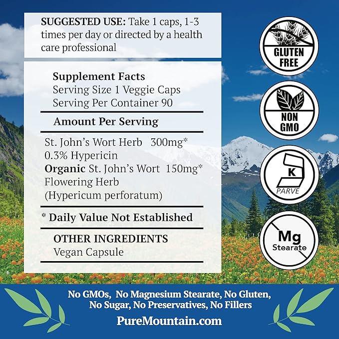 Pure Mountain Botanicals St. John's Wort Capsules with 450mg Formula of Organic Herb and St John's Wort Extract Supplement