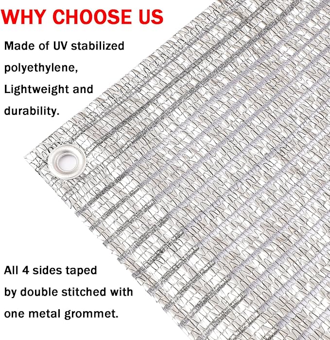 65% Aluminum Foil Shade Cloth with Grommets,10ft x 10ft, Mesh Sun Block Fabric Cover, Canopy, Privacy Screen for Outdoor Patio, Garden, Backyard, Silver