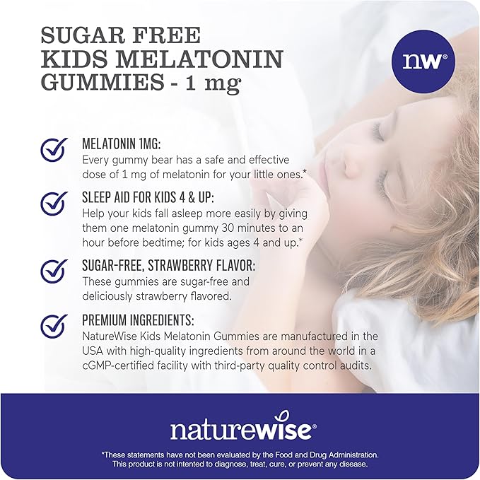 NatureWise Kids Melatonin 1 mg Sugar-Free Gummies for Children Ages 4 & Up - Non-Habit Forming Sleep Aid - Strawberry Flavored - Vegan, No Gluten, Non-GMO - 60 Count[2-Month Supply]