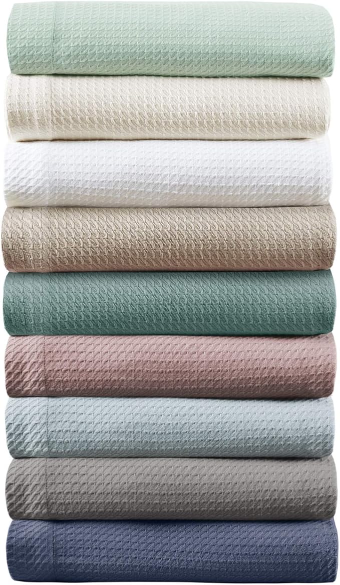 Madison Park Soft Certified 100% Egyptian Cotton Breathable Cozy Blanket, Premium Waffle Knit Classic Design, Luxury All Season Lightweight Cover for Bed, Couch and Sofa, Blue Full/Queen(90"x90")