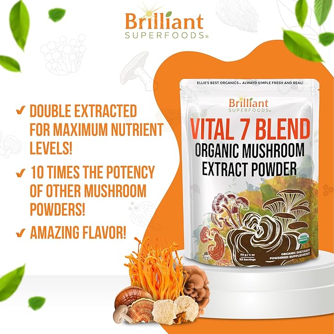 Ellie's Best 7 Mushroom Powder Extract Blend Supplement - Organic Reishi, Lion's Mane, Chaga, Turkey Tail, Cordyceps, Maitake & Shiitake - Double Extracted - 16oz / 456 Servings…