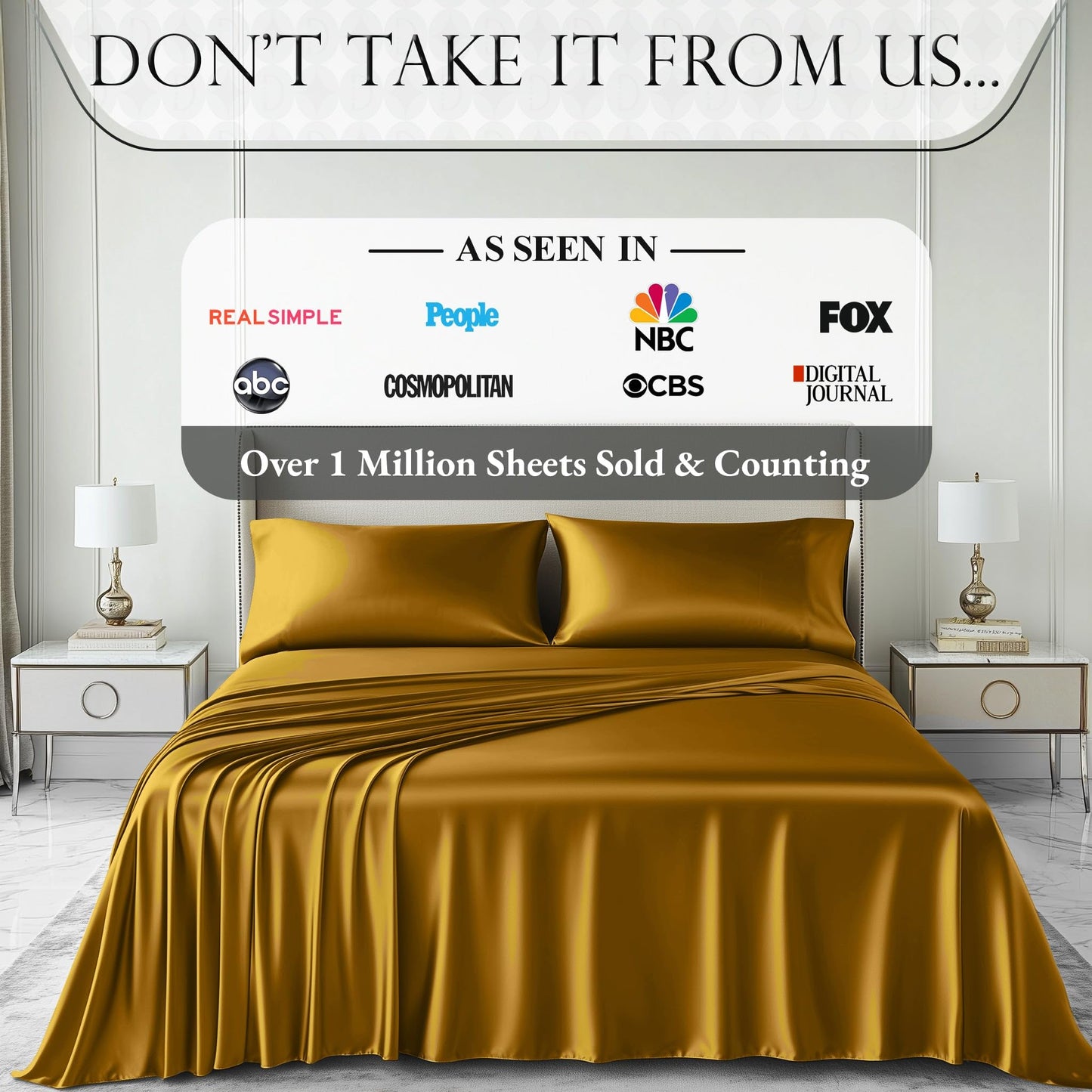 DECOLURE Satin Bed Sheets - 4 Piece Luxury Silky Queen Size Bedding Set - Softer Than Silk, Wrinkle-Free with 15” Deep Pocket Fitted Sheet, Perfect for Hair & Skin, Gifts for Women (Gold)