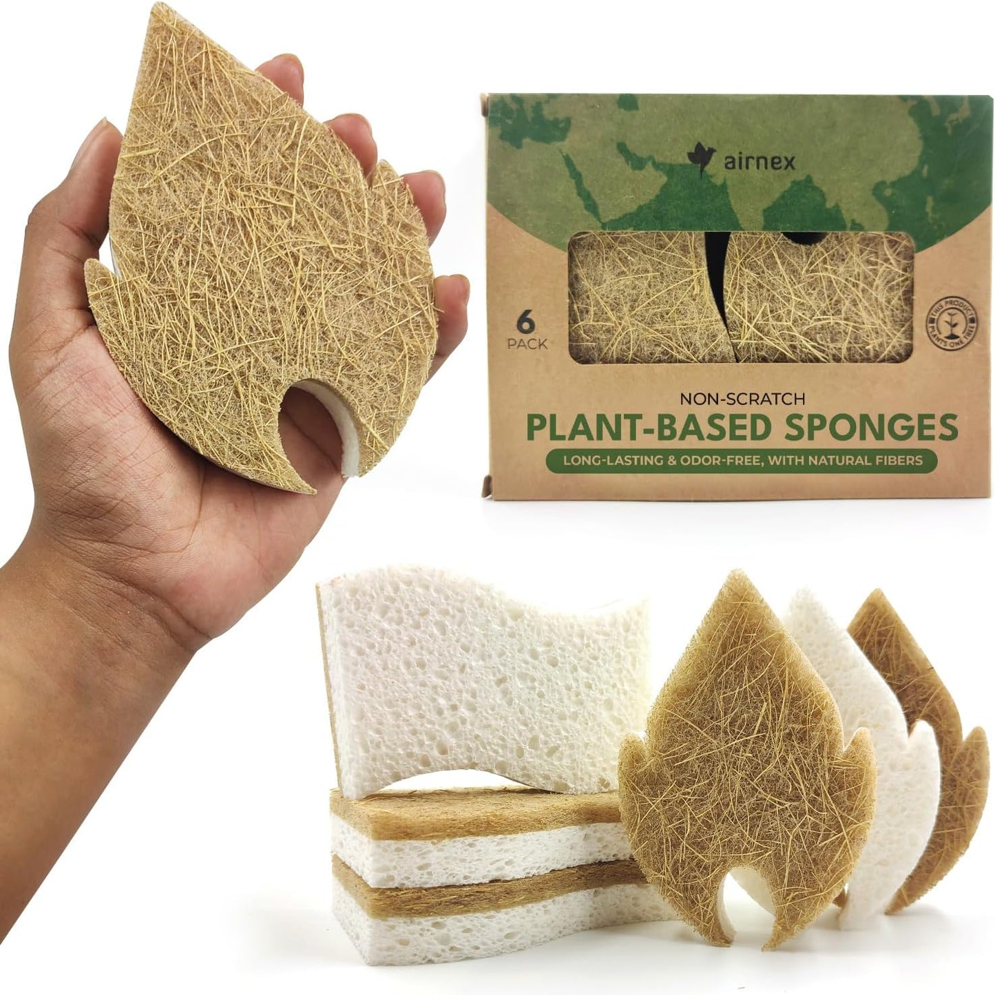 Biodegradable Natural Dish Sponges Kitchen Pack of 6 - Leaf and S-Shaped Coconut and Cellulose Scrubbers for Dishes and Surfaces - Eco Friendly Non-Scratch Heavy Duty Dish Sponges Bulk