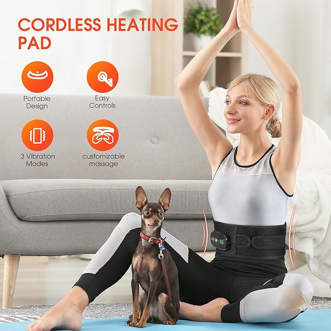 Heated Back Massager with 3 Heating & 3 Vibration Modes, Cordless Heating Pad for Back, Heated Back Brace Gifts for Family Men Women