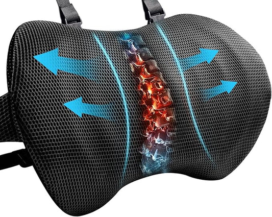 YFONG Lumbar Support Pillow for Car & Office Chair, Memory Foam Back Cushion with Adjustable Straps Non-Slip, Firm Support for Lower Back Pain Relief, Black