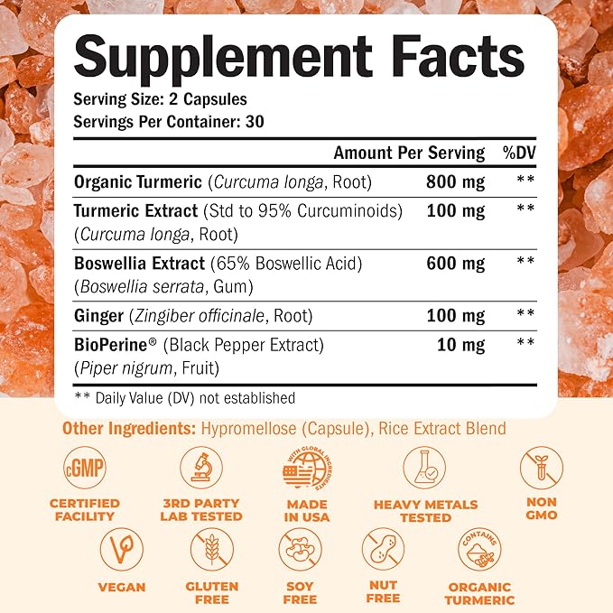 Turmeric Supplement with 65% Boswellia Extract Capsules - Turmeric Curcumin Supplement 95% Curcuminoids - Boswellia Serrata, Black Pepper, Organic Turmeric and Ginger Root Capsules - 60 Tumeric Caps