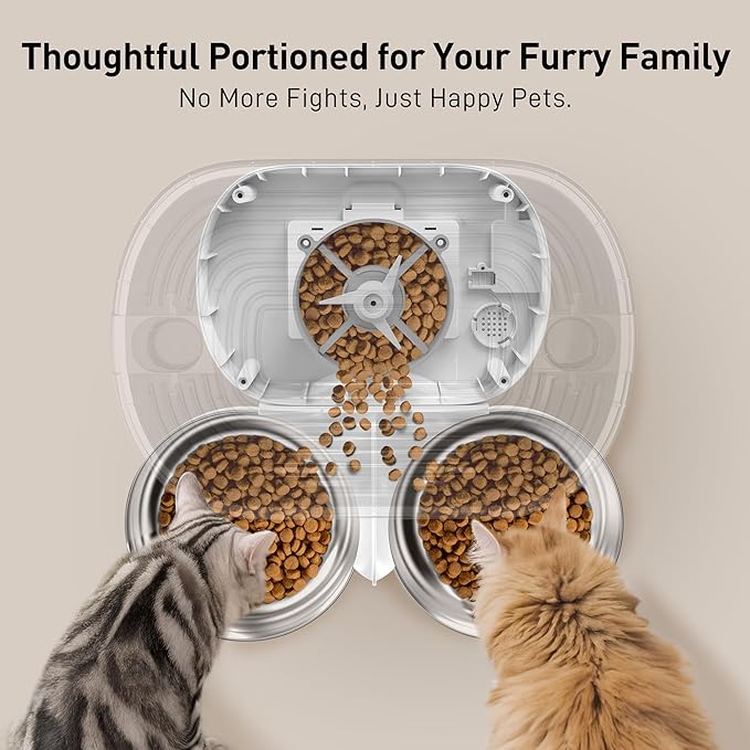 VOLUAS Automatic Cat Feeders for Two Cats,Stainless Steel 5L Pet Feeder for Cats and Dogs Timed Cat Feeder Pet Dry Food Dispenser, White
