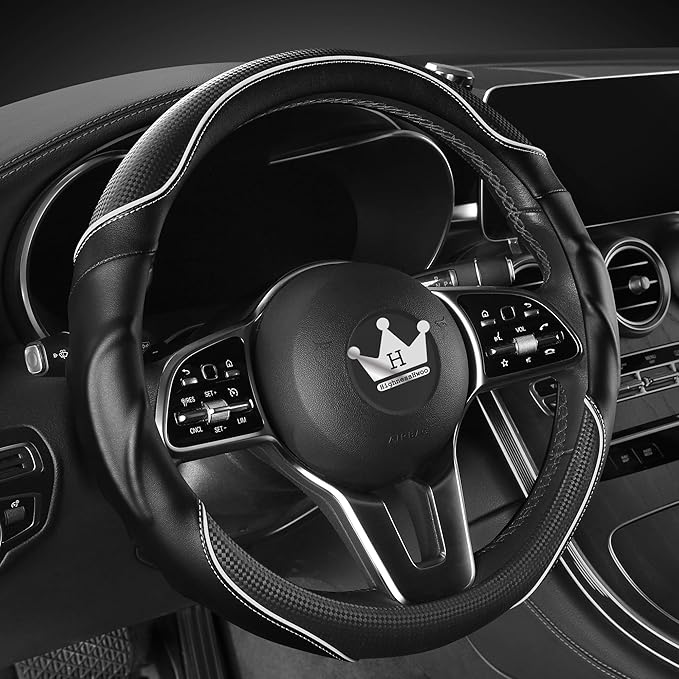 3D Car Steering Wheel Cover Comfort Grip Massage Sporty Anti-Slip Carbon Fiber Faux Leather for Sedan SUV, Universal Fit, Car Handle Covers for All Seasons, 14.75-15.15in, White