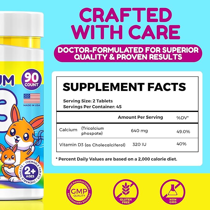 Calcium D3 Chewable Tablets for Kids – 640 mg Calcium & 320 IU Vitamin D3 – Non-GMO, Milk Flavor – Bone & Teeth Support Supplement – 90 Tablets for Ages 2+