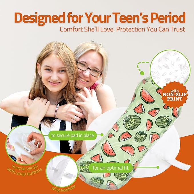 Non-Slip Reusable Period Pads for Teen Girls (S+M, 6-Pack); High-Temp Washable Organic Cotton Cloth Pads; Reliable, Non-Irritating, Soft Reusable Menstrual for Secure & Comfortable First Period