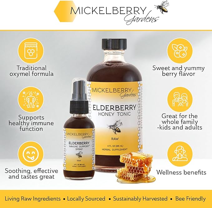 Mickelberry Gardens Elderberry Honey Tonic, Sambucus Syrup, Black Elderberry - Immune Support for Adults and Kids (8 Ounces)