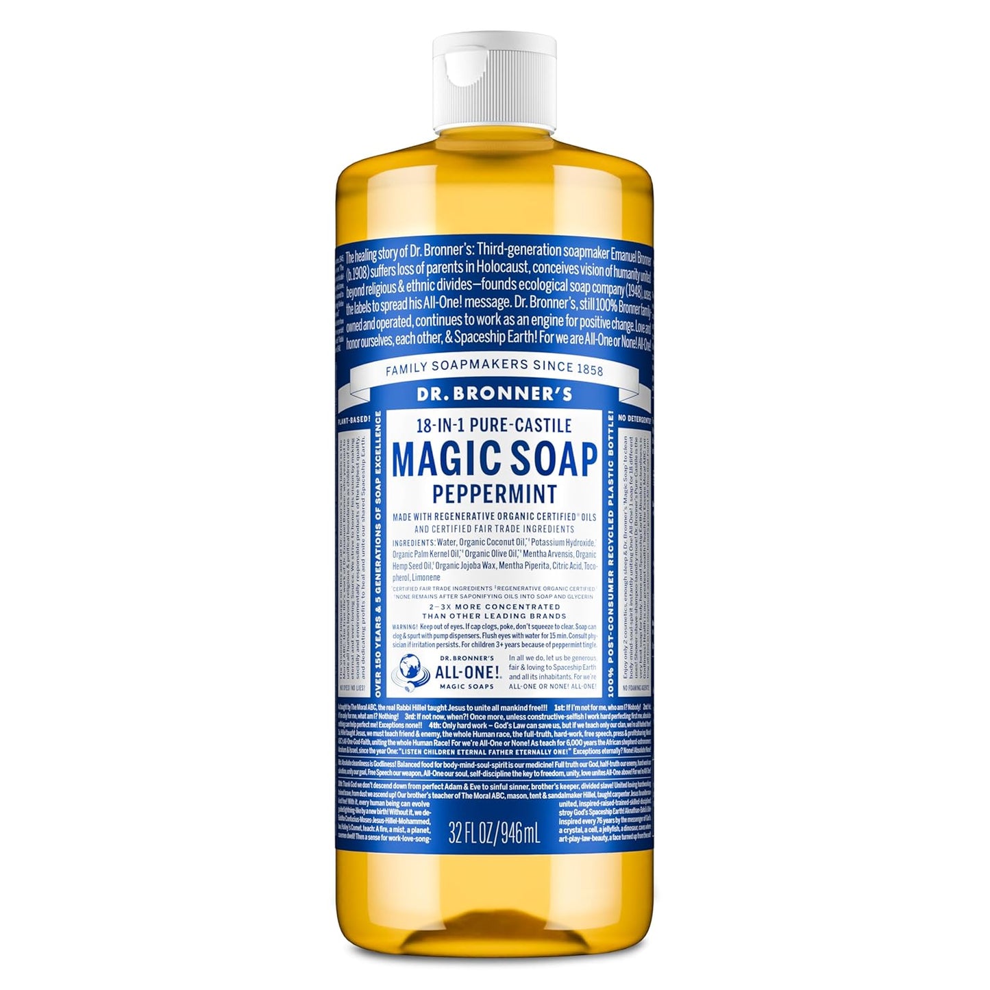 Dr. Bronner's Peppermint Pure-Castile Liquid Soap | 16 Oz | 2-Pack | Vegan & Organic