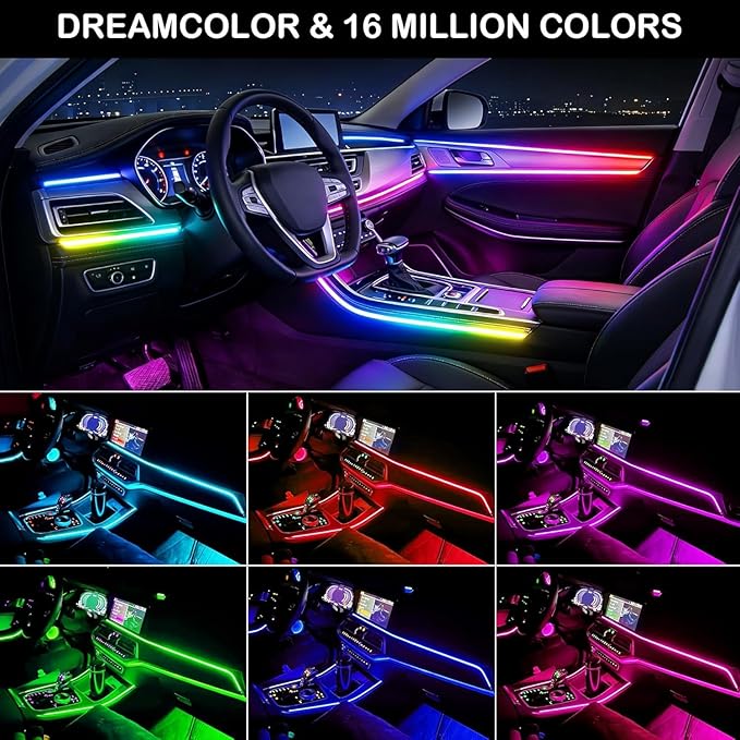 Dreamcolor Acrylic Interior Car LED Strip Light with APP Remote Control, RGB 6 in 1 with 175 inches 593 LEDs Fiber Optic Strip Lights for Car, Dynamic Chasing Music Sync Neon Car Ambient Lighting Kits