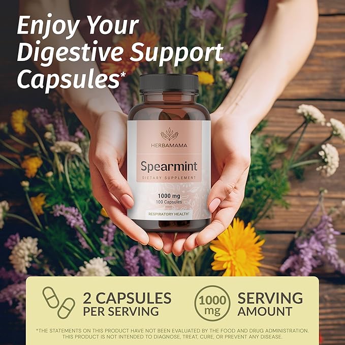HERBAMAMA Spearmint Leaf Capsules - 1000mg Spearmint Leaves for Gut Cleanse & Digestive Support - Vegan Non-GMO Mentha Spicata Supplement 100 Caps