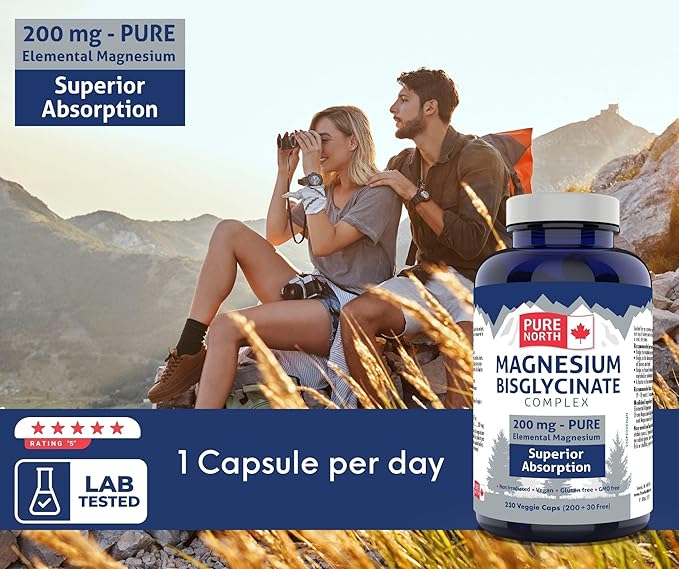 Magnesium Bisglycinate Complex 200mg, (200+30) V-Caps - Helps in The Development and Maintenance of Bones and Teeth - Helps The Body to Metabolize Carbohydrates, Proteins & Fats