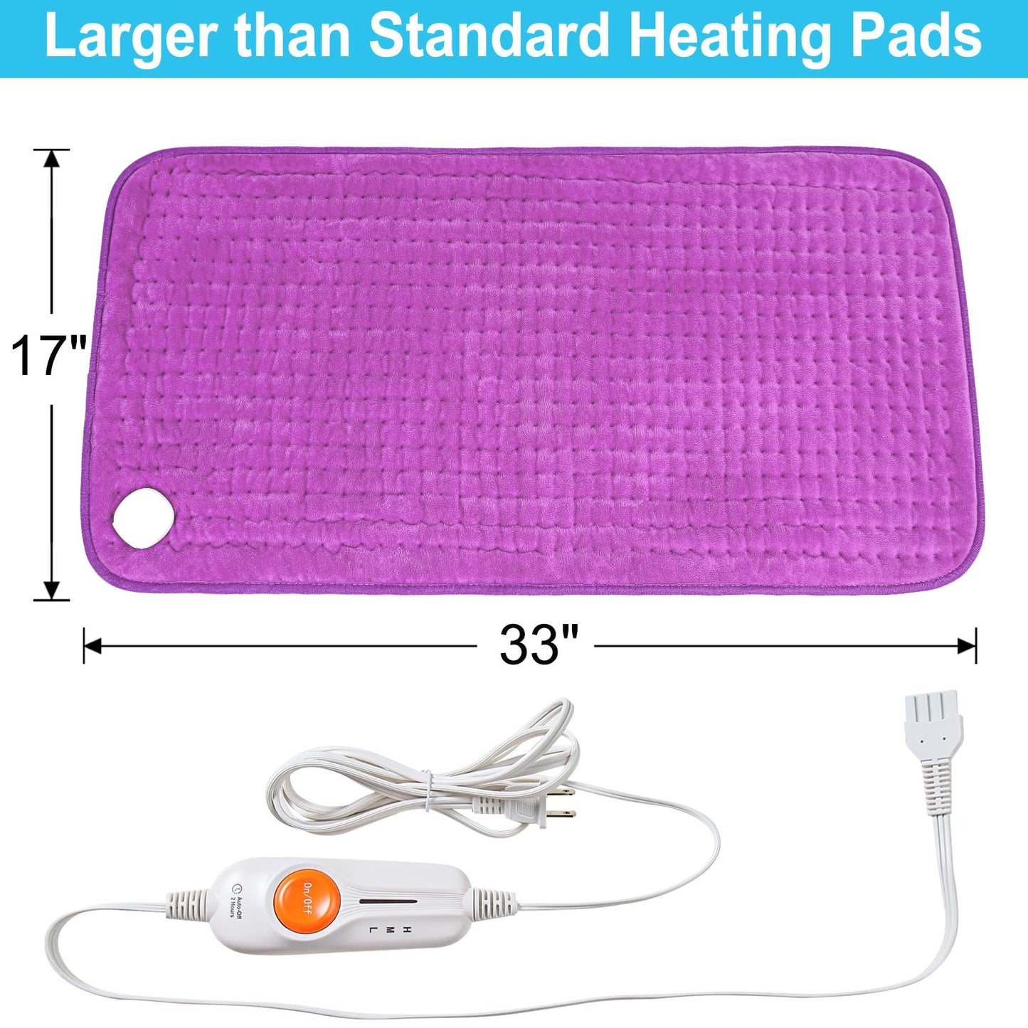 Boileau Electric Heating Pad for Back Pain and Period Cramps Relief, 17"x33" Extra Large XXXL, 3 Heating Levels Heat Pad with 2-Hour Auto Shut Off, Gifts for Women and Mom, Blue