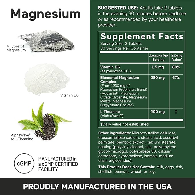 Smarter Nutrition Magnesium Complex - Chelated Magnesium Glycinate + Citrate, Malate for Sleep, Relaxation, Muscle & Nerves + Clinically Proven L-Theanine, Non-GMO-180 Tablet[90-Day Supply]