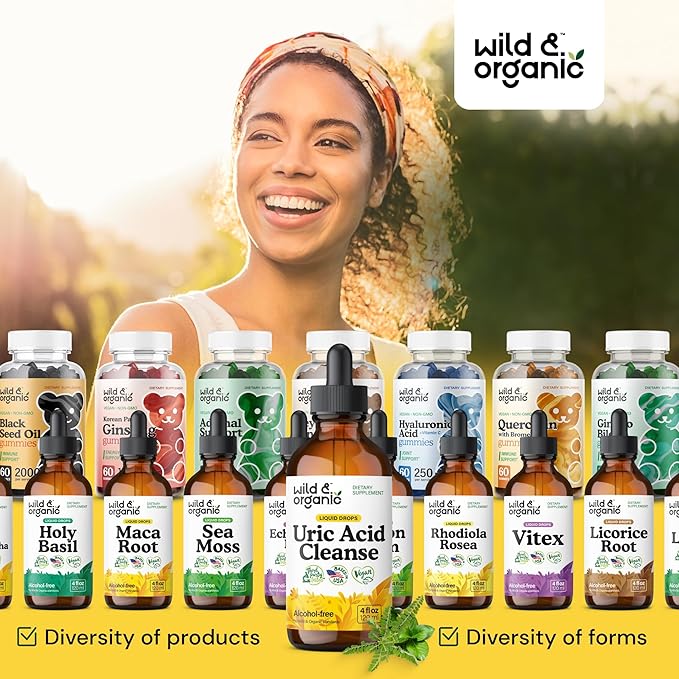 Wild & Organic Uric Acid Cleanse Liquid Drops - Tart Cherry, Turmeric, Celery, Chanca Piedra, Dandelion Root Extract Complex - Uric Acid Supplement - Vegan, Sugar & Alcohol-Free Tincture - 4 fl oz
