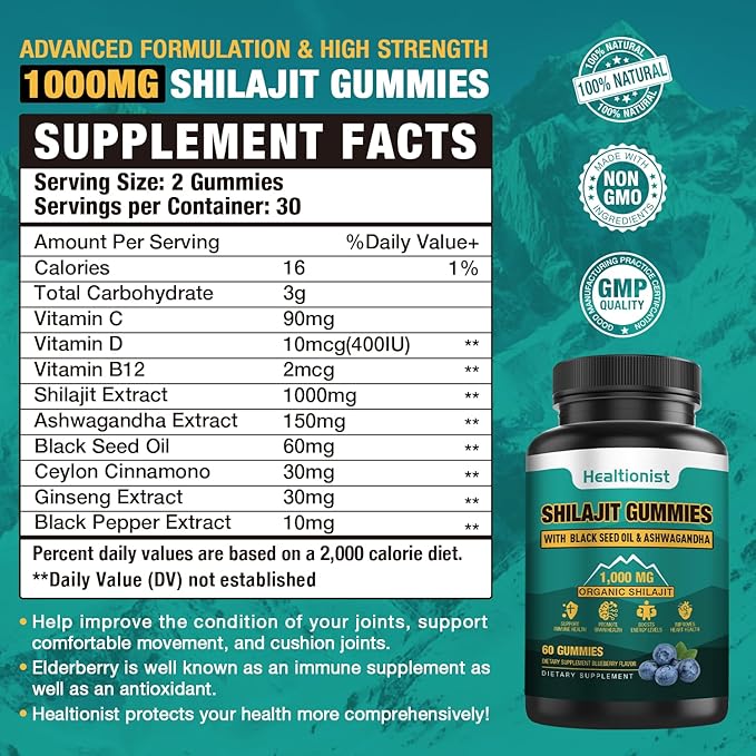 2 Packs 1000 MG Shilajit Supplement Gummies with 85+ Trace Minerals, Fulvic Acid, Pure Organic Shilajit Himalayan Gummy for Men & Women, Energy, Brain, Immunity Suport - 120 Counts