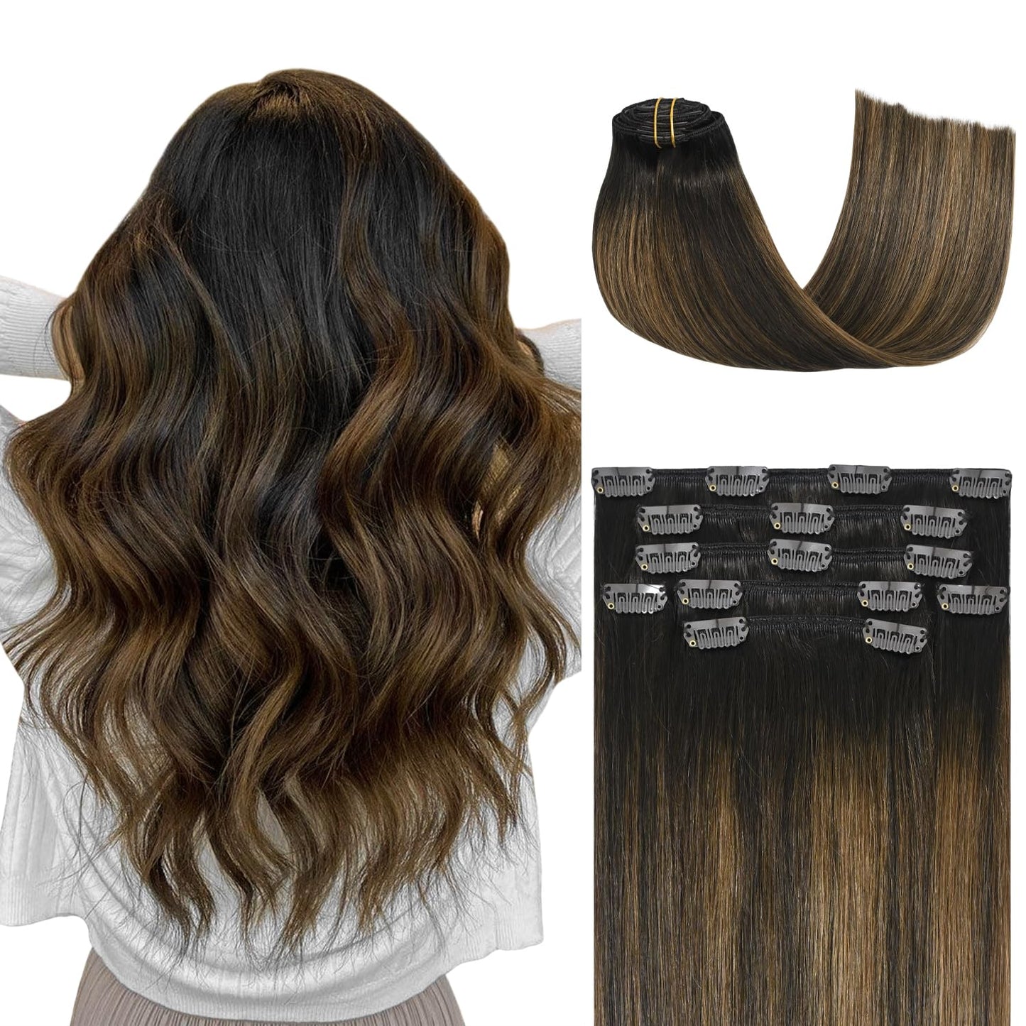 Honsoo Clip In Hair Extensions Real Human Hair Dark Brown To Chestnut Brown 70G 7Pcs 12Inch Short 100% Remy Human Hair No Tangle